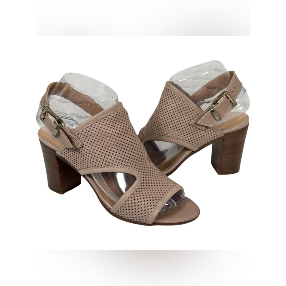 Avellini Taupe Leather Perforated Open Toe Block Heel Buckle Strap Sandals 36